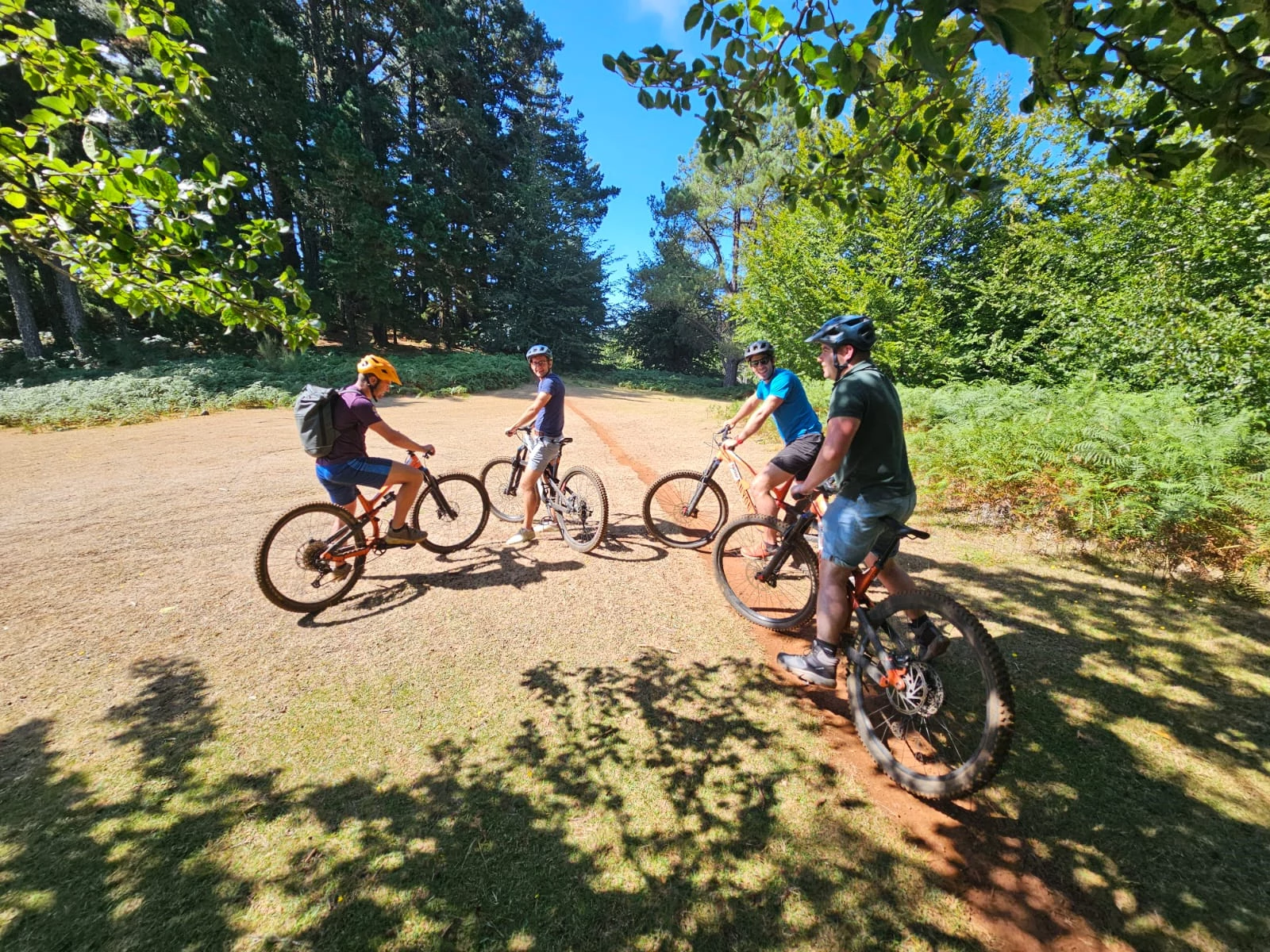 Family bike ride with mountain landscape.